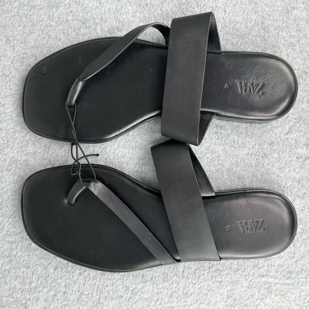 Zara Leather Sandals Womens EU 40 US 9 Black Strappy Casual Slide On Minimalist - Picture 2 of 13